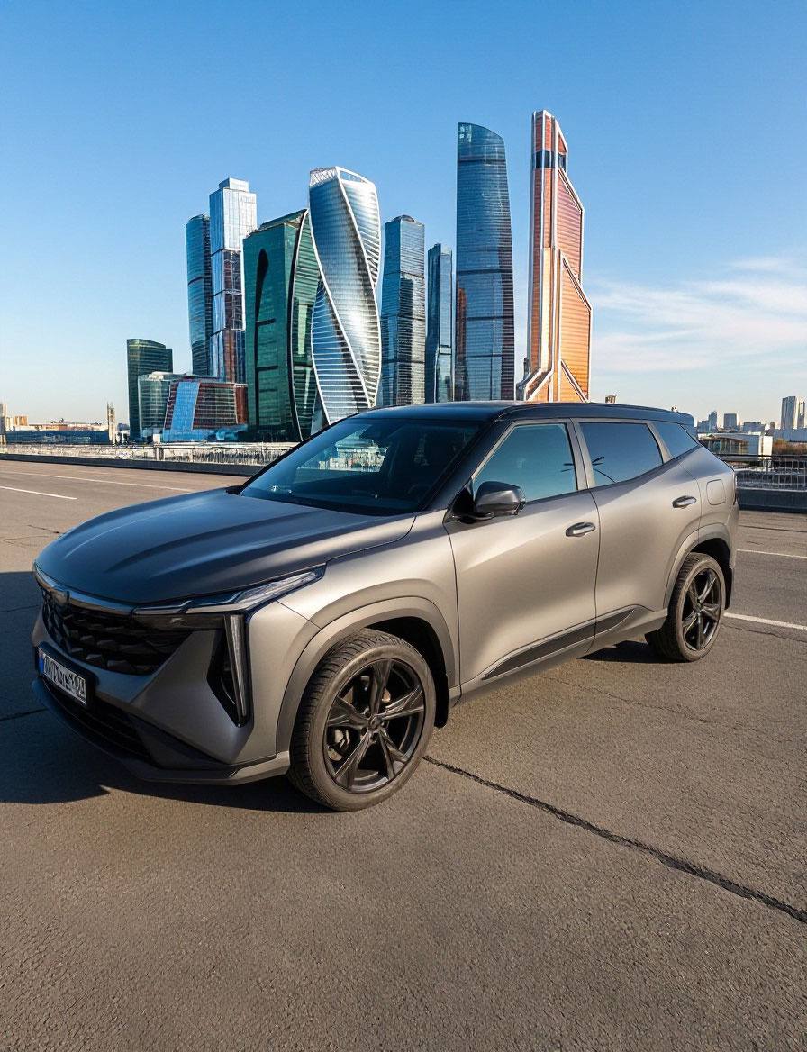 Geely Cityray Максима Денисова на фоне Москва-Сити