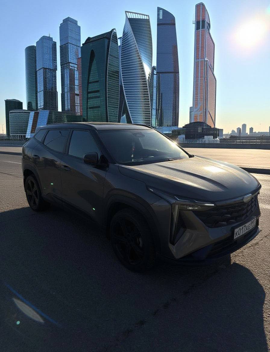 Geely Cityray спереди под углом на фоне Москва-Сити
